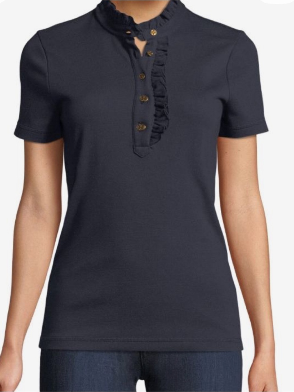 TORY BURCH LIDIA POLO SHIRT Navy Short-Sleeve Ruffle-Placket Polo XL